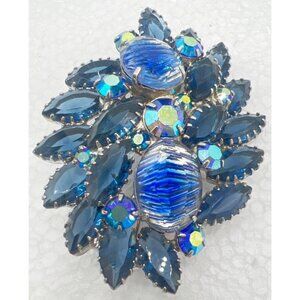 Vintage Givre Brooch Pin Blue AB Navette Art Glass Open Backs Rhinestones READ